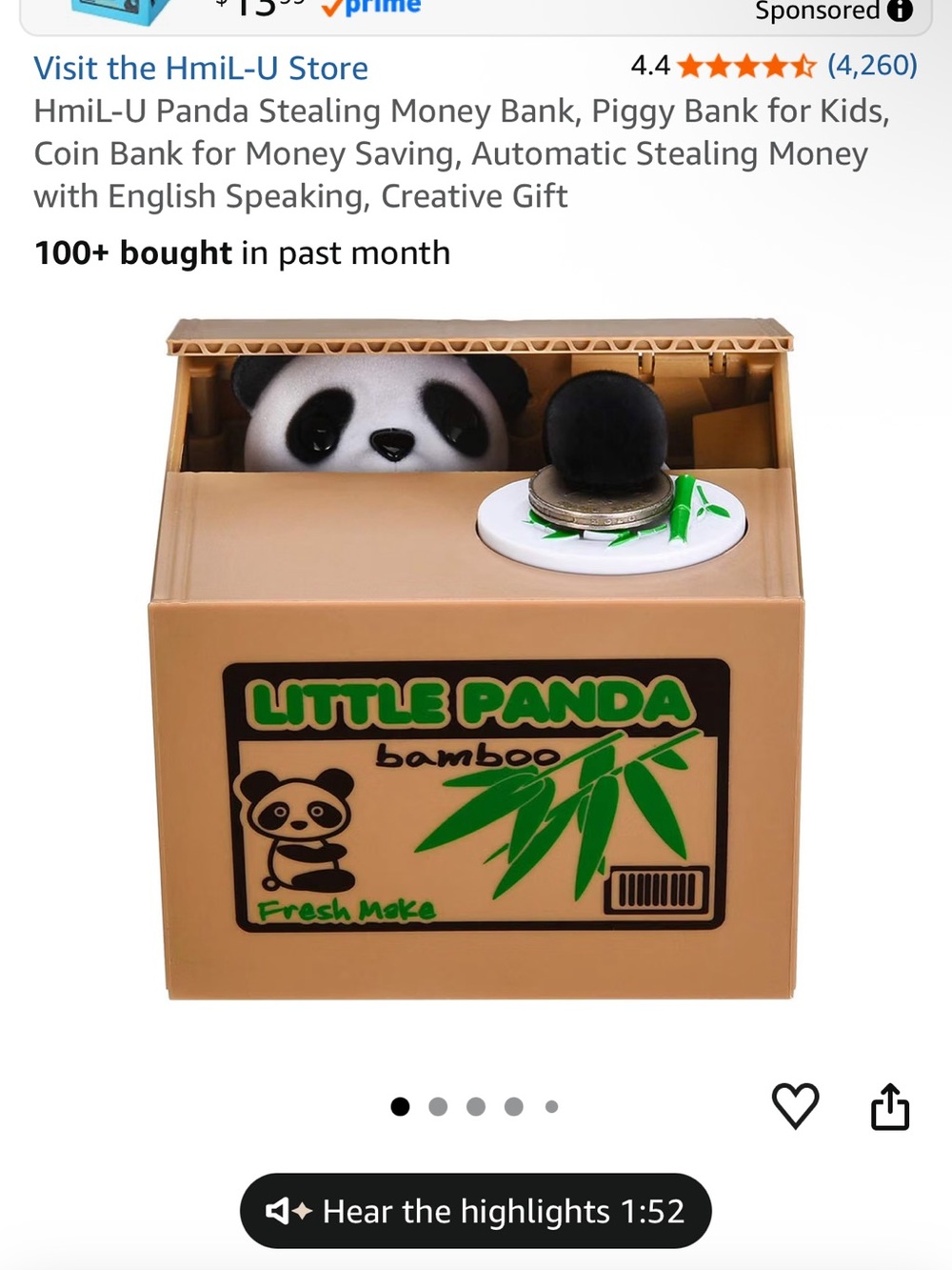 Brand new Little Panda Bamboo Coin Bank - Tan with Black & White Panda